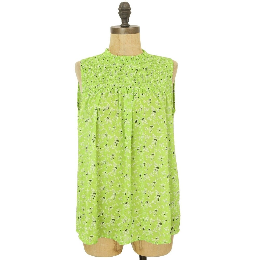 Rachel Zoe Sleeveless Mock Neck Tank S Lime Green Smocked Floral Blouse NWT B61